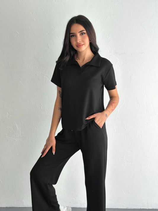 Osy Modal Yumuşak Dokulu Kumaş Kısa Kollu Yakalı T-shirt Pantalon Ikili Takım- Siyah
