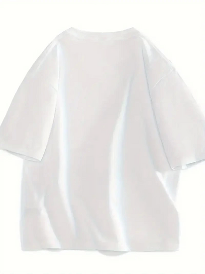 Baskılı Oversize Bisiklet Yaka T-shirt - Beyaz