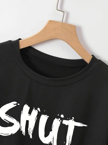 Baskılı Oversize Bisiklet Yaka T-shirt - Siyah