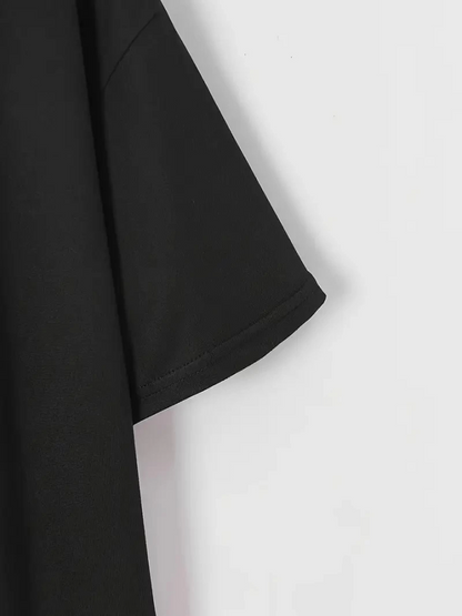 Baskılı Oversize Bisiklet Yaka T-shirt - Siyah