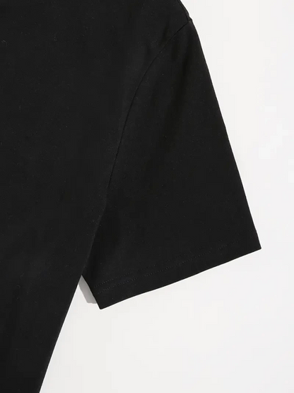 Baskılı Oversize Bisiklet Yaka T-shirt - Siyah