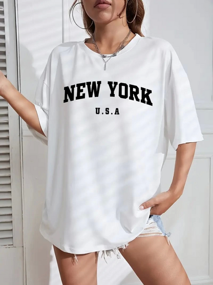 New York Baskılı Oversize Bisiklet Yaka T-shirt - Beyaz