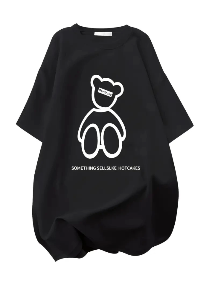 Baskılı Oversize Bisiklet Yaka T-shirt - Siyah