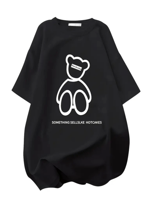 Baskılı Oversize Bisiklet Yaka T-shirt - Siyah