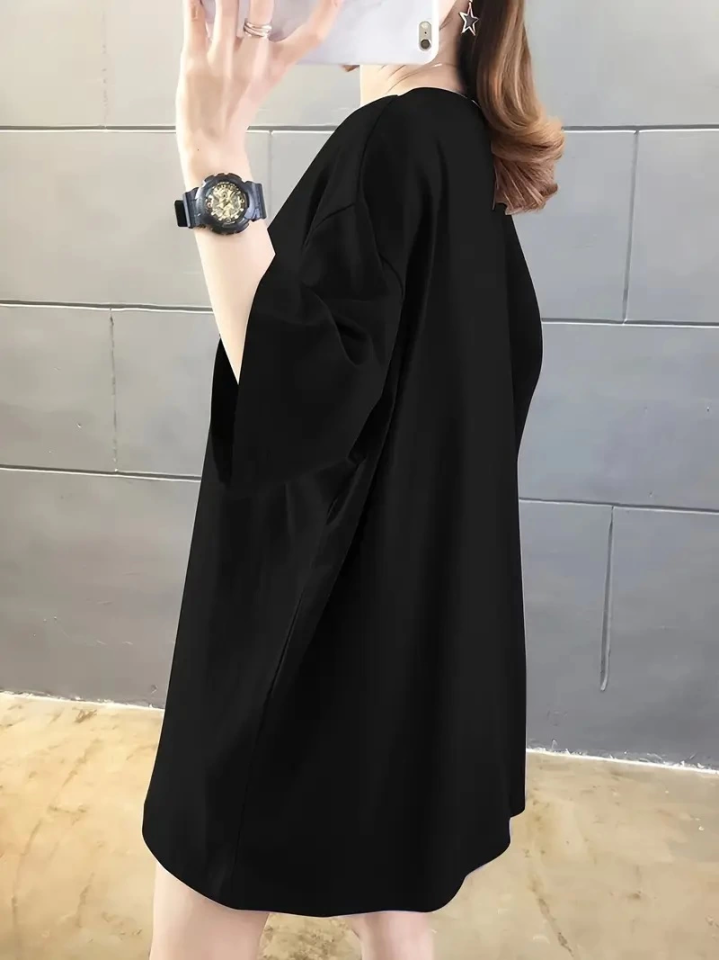 Baskılı Oversize Bisiklet Yaka T-shirt - Siyah