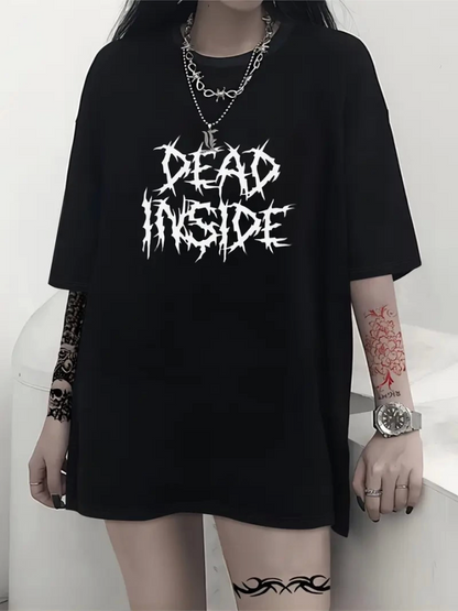 Baskılı Oversize Bisiklet Yaka T-shirt - Siyah