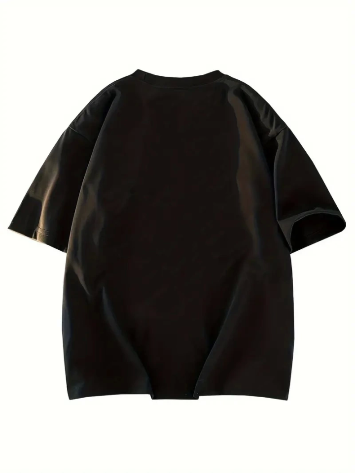 Baskılı Oversize Bisiklet Yaka T-shirt - Siyah