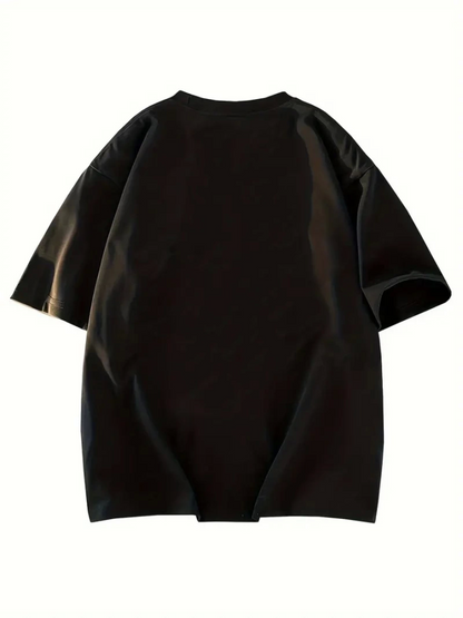 Baskılı Oversize Bisiklet Yaka T-shirt - Siyah