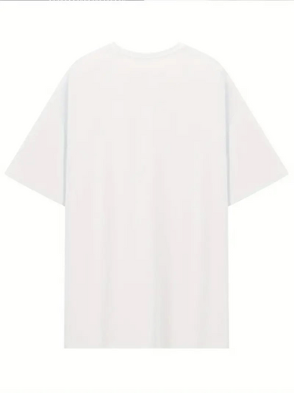 Baskılı Oversize Bisiklet Yaka T-shirt - Beyaz