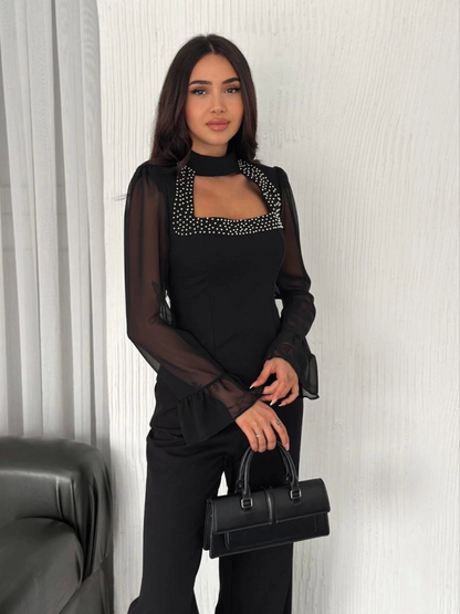 Kolları Şifon Göğüste İnci Boncuk Detaylı Bluz - Siyah