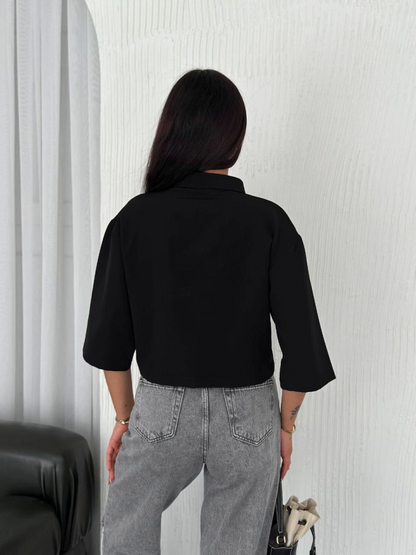 Crop Yakalı Gömlek Üç Çeyrek Sleeve Kol - Siyah