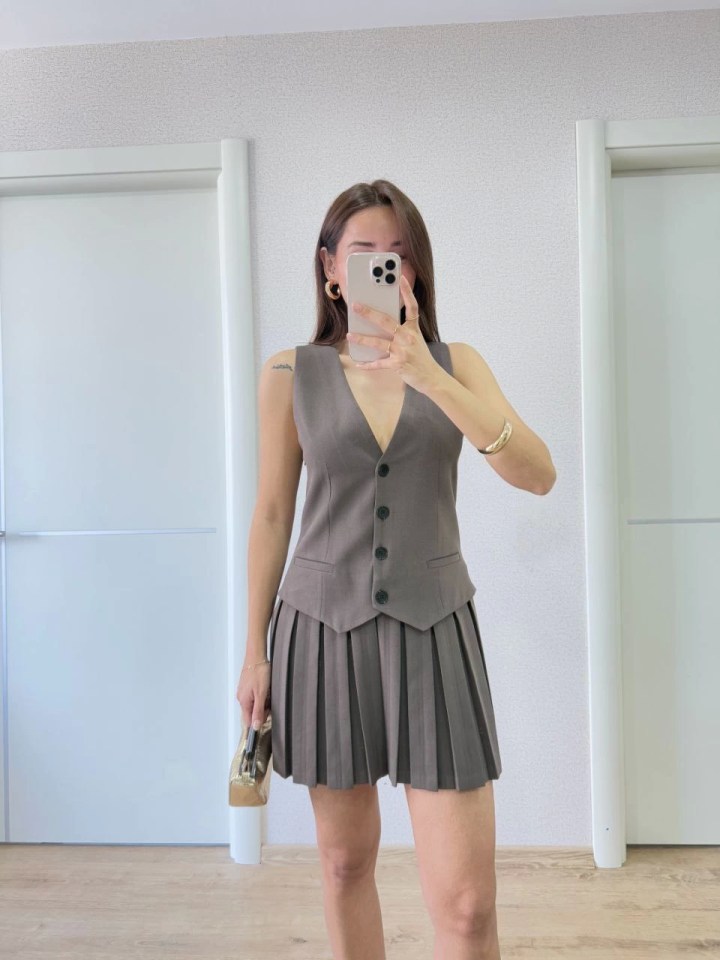 Takım Görünümlu Yelekli Mini Elbise- Füme