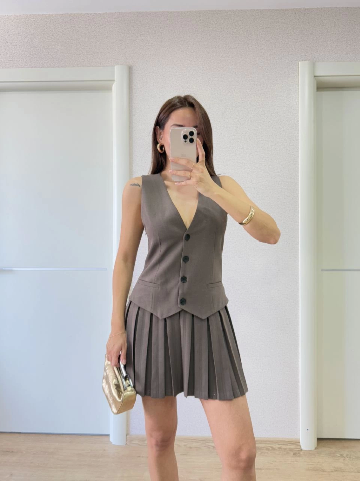 Takım Görünümlu Yelekli Mini Elbise- Füme