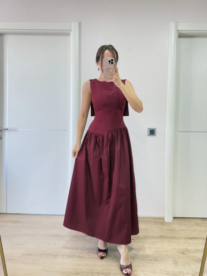 Arkası Kanatlı Uzun Elbise- Bordo