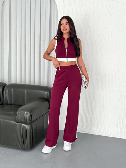 Osy Modal Yumuşak Dokulu Kumaş Tam Fermuarlı Crop Pantalon İkili Takım - Bordo