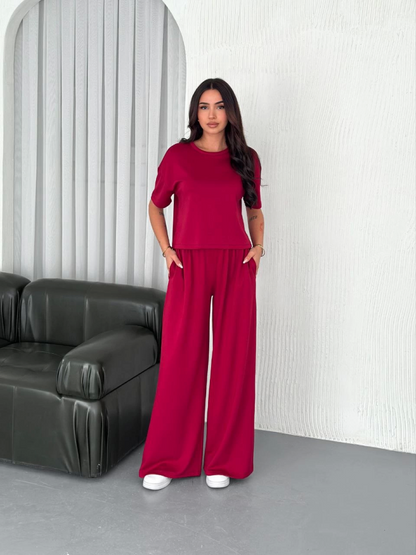 Osy Modal Yumuşak Dokulu Kumaş Bisiklet Yaka T-shirt Bol Paça Pantalon Ikili Takım -Bordo