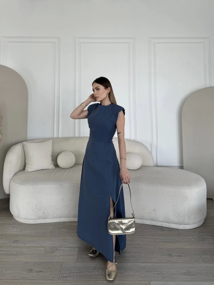 Keten Yandan Yırtmaçlı  Uzun Sıfır Kolsuz Elbise - Mavi