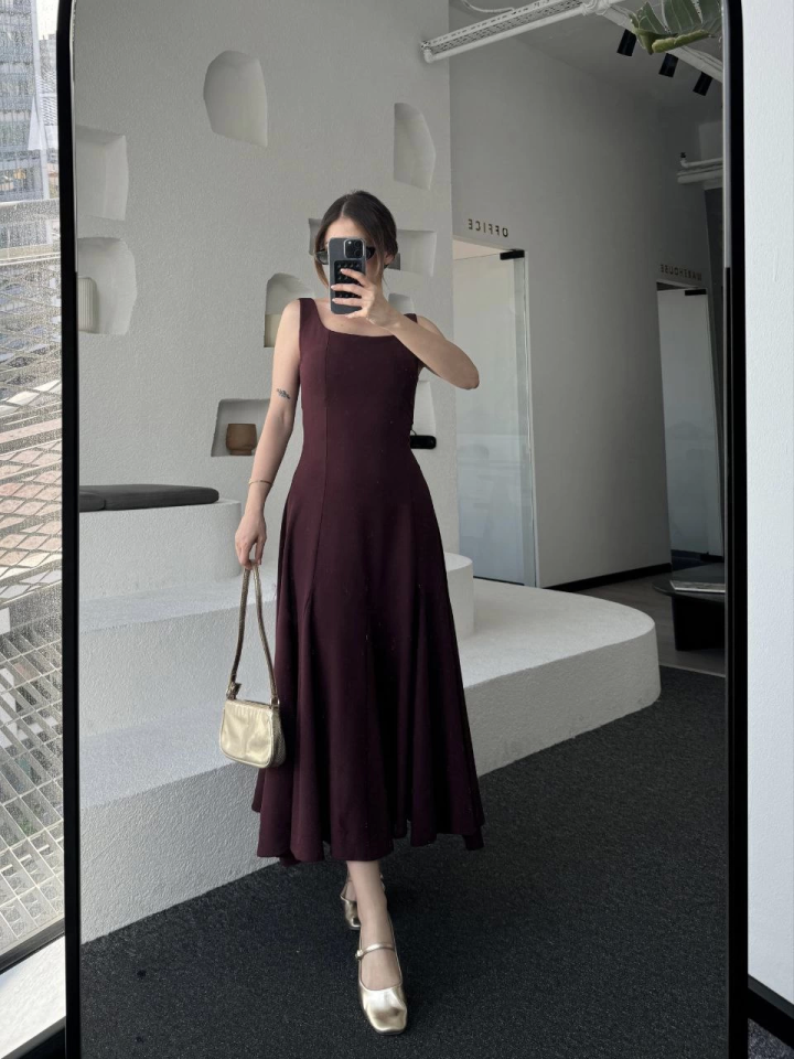 Sırt Dekolteli Kolsuz Uzun Elbise - Mürdüm