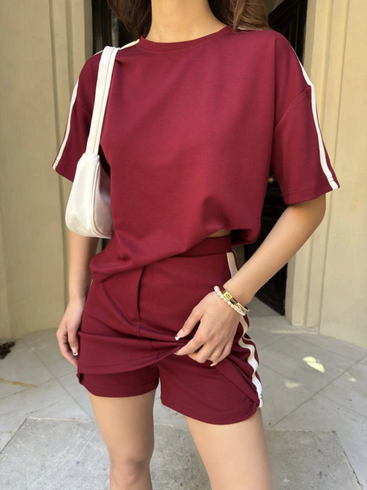 Osy Modal Yumuşak Dokulu Kumaş Parçalı Bisiklet Yaka T-shirt Mini Şortlu Etek İkili Takım -Bordo