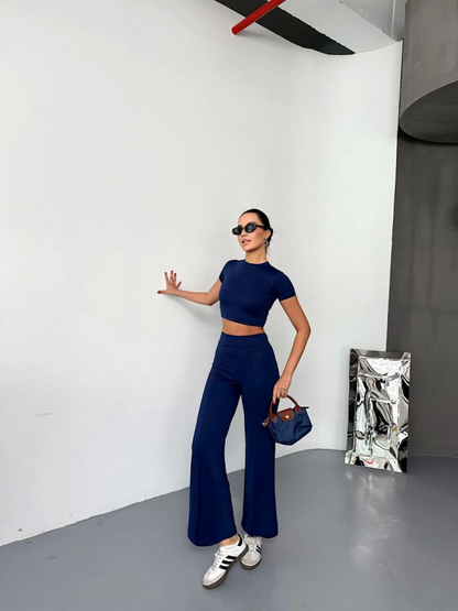 Osy Modal Yumuşak Dokulu Kumaş Kısa Kollu Crop Alt Ispanyol Paça Pantalon Ikili Takım - Lacivert