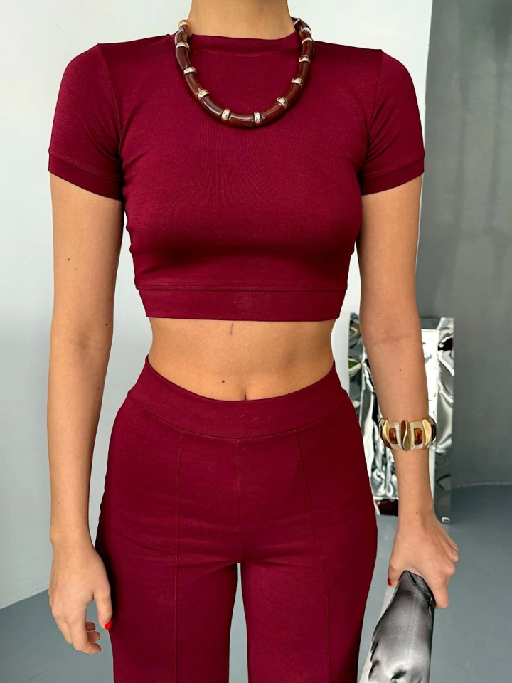Osy Modal Yumuşak Dokulu Kumaş Kısa Kollu Crop Alt Ispanyol Paça Pantalon Ikili Takım - Bordo