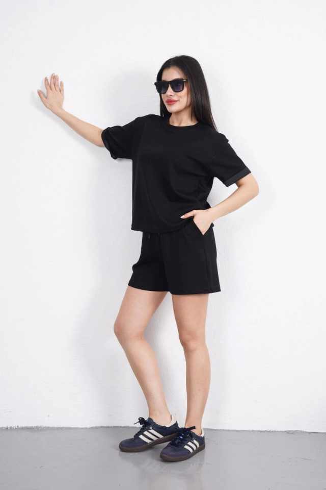 Osy Modal Yumuşak Dokulu Kumaş Bisiklet Yaka T-shirt Kısa Şort İkili Takım - Siyah