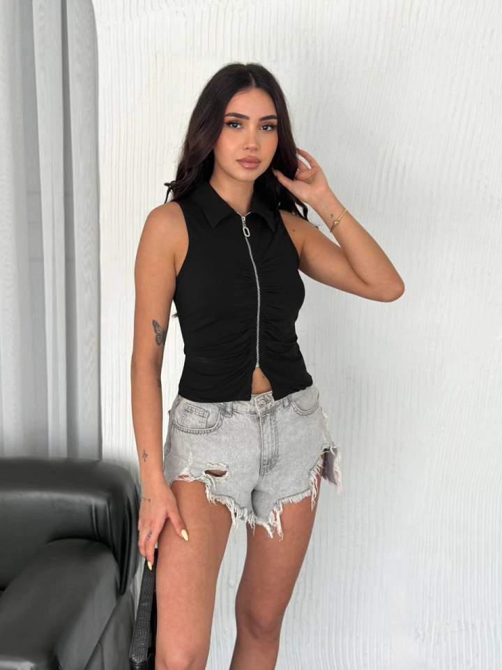 Yakalı Tam Fermuarlı Kolsuz Bluz - Siyah