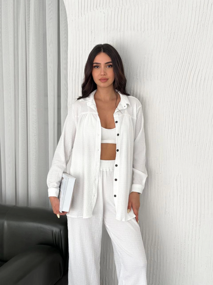 Yakalı Düğmeli Uzun Kollu Gömlek Pantolon Ikili Takım - Beyaz