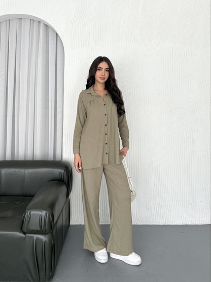 Yakalı Düğmeli Uzun Kollu Gömlek Pantolon Ikili Takım - Bej