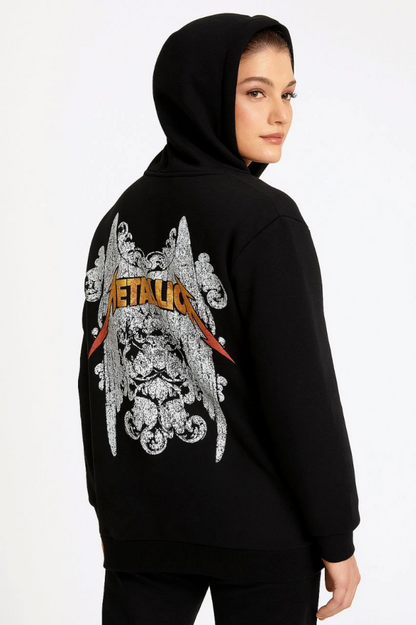 Metallica İki İplik Kapüşonlu Ön Ve Arka Baskılı Hoodie - Siyah