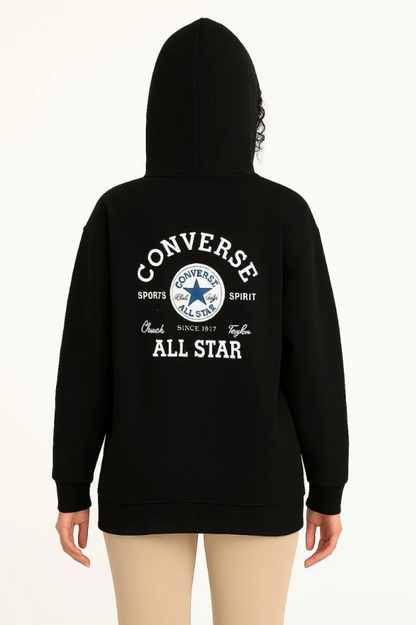 Üç İplik Kapşonlu ön Ve Arka Baskılı SweatShirt Hoodie- Siyah