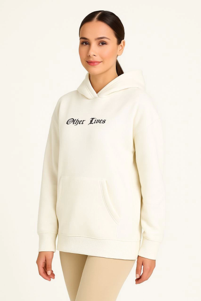 Üç İplik Kapşonlu ön Ve Arka Baskılı SweatShirt Hoodie- Beyaz