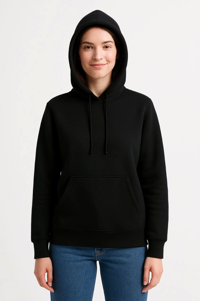 Üç İplik Kapüşonlu Kanguru Çepli SweatShirt Hoodie - Siyah
