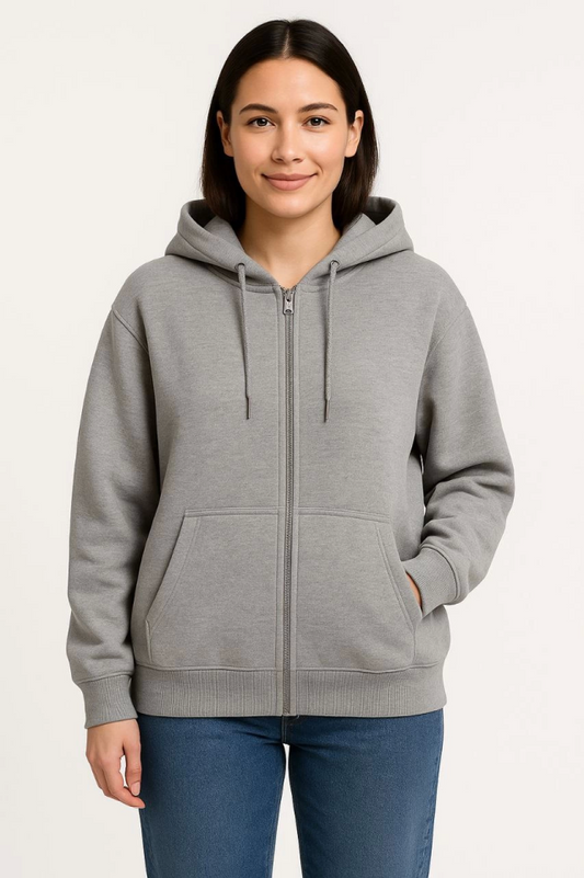 Üç İplik Kapüşonlu Tam Fermuarlı Kanguru Çepli SweatShirt Hoodie - Gri