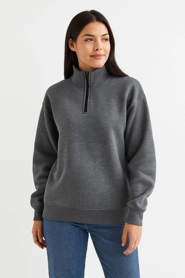 Üç İplik Dık Yaka Yarım Fermuarlı SweatShirt - Antrasit