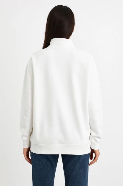 Üç İplik Dık Yaka Yarım Fermuarlı SweatShirt - Beyaz