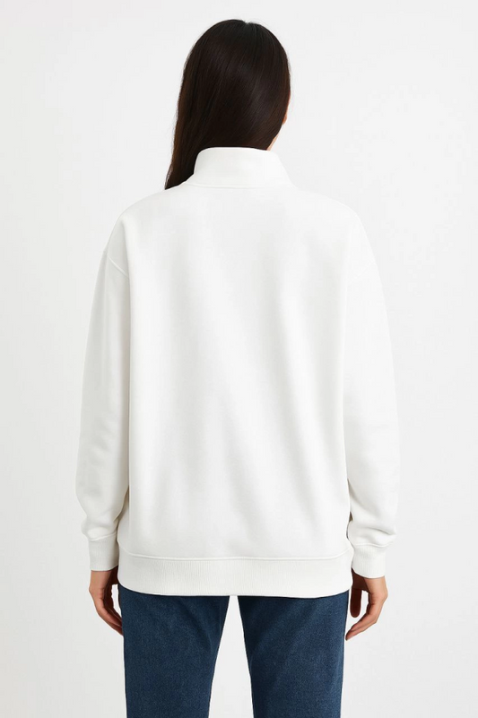 Üç İplik Dık Yaka Yarım Fermuarlı SweatShirt - Beyaz