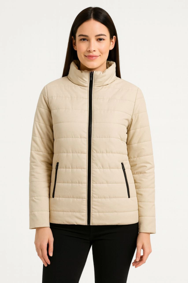 Bomber Mont Ceket - Su İtici Kumaş, Kapitone Astarlı, Fermuarlı, Kışlık - Bej