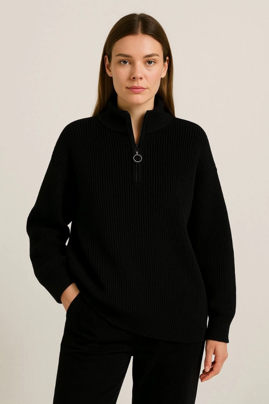 KADIN Yarım Fermuarlı Triko Kazak - Selanik Örgü, Dik Yaka, Pamuklu Dokuma, Oversize Uzun Kollu Kışlık Model - Siyah