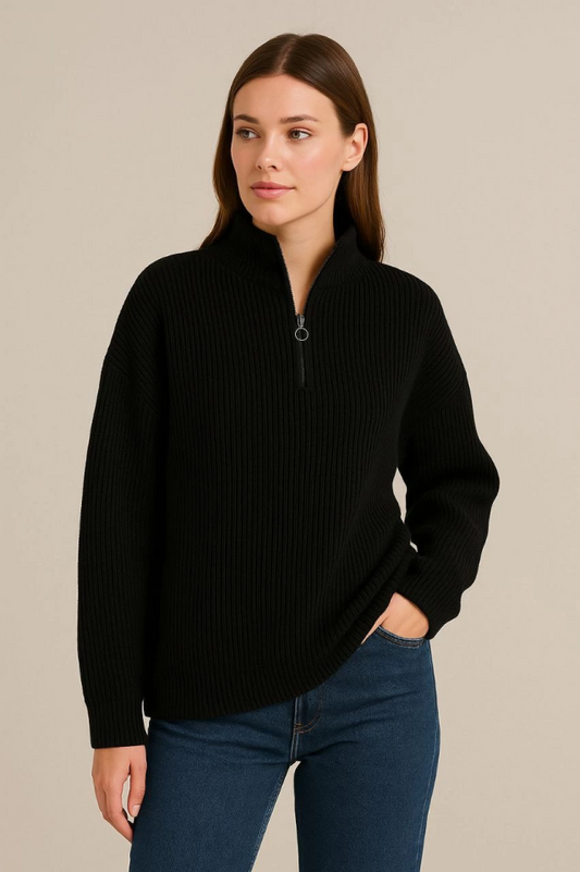 KADIN Yarım Fermuarlı Triko Kazak - Selanik Örgü, Dik Yaka, Pamuklu Dokuma, Oversize Uzun Kollu Kışlık Model - Siyah