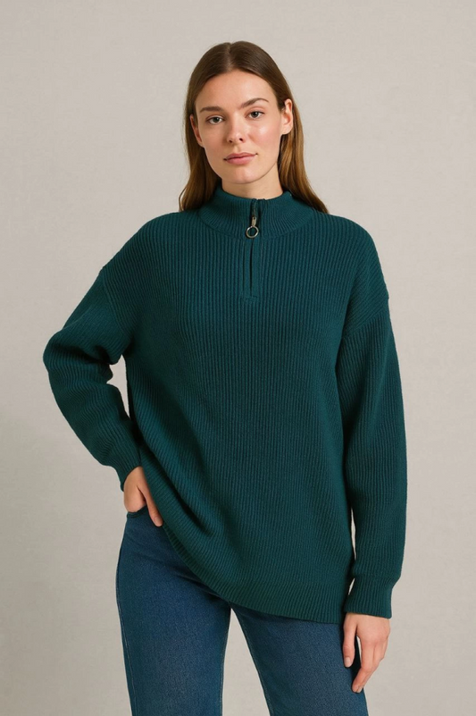 KADIN Yarım Fermuarlı Triko Kazak - Selanik Örgü, Dik Yaka, Pamuklu Dokuma, Oversize Uzun Kollu Kışlık Model - Haki