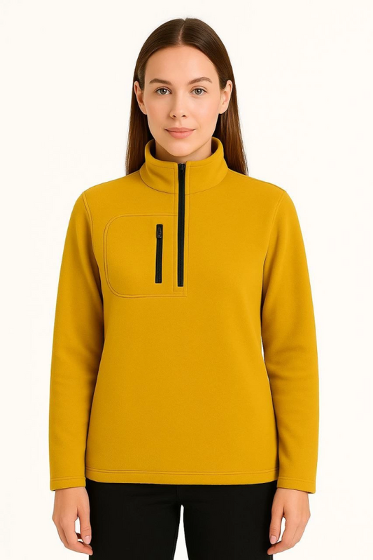 Polar Kazak - Dik Yaka, Yarım Fermuarlı, Fermuarlı Göğüs Cepli, Siyah Biyeli, Kışlık Rahat Regular Fit Günlük Model - Sarı