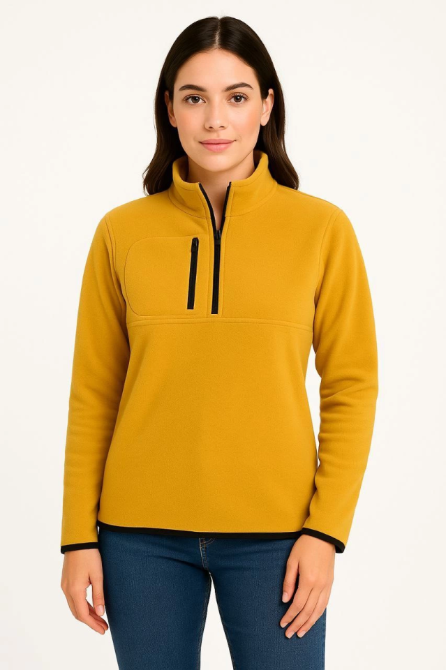 Polar Kazak - Dik Yaka, Yarım Fermuarlı, Fermuarlı Göğüs Cepli, Siyah Biyeli, Kışlık Rahat Regular Fit Günlük Model - Sarı