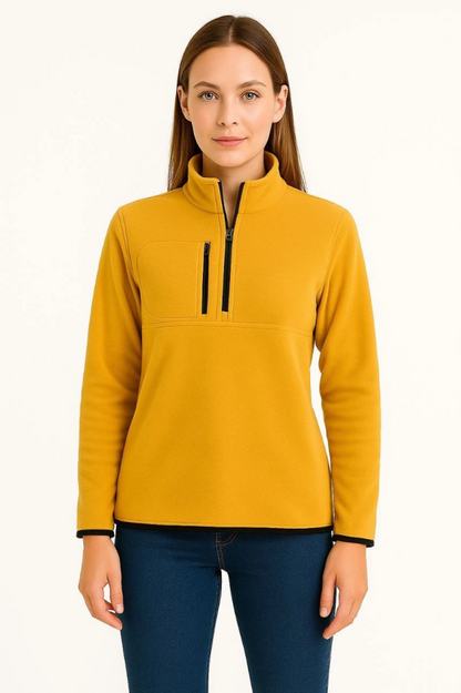 Polar Kazak - Dik Yaka, Yarım Fermuarlı, Fermuarlı Göğüs Cepli, Siyah Biyeli, Kışlık Rahat Regular Fit Günlük Model - Sarı