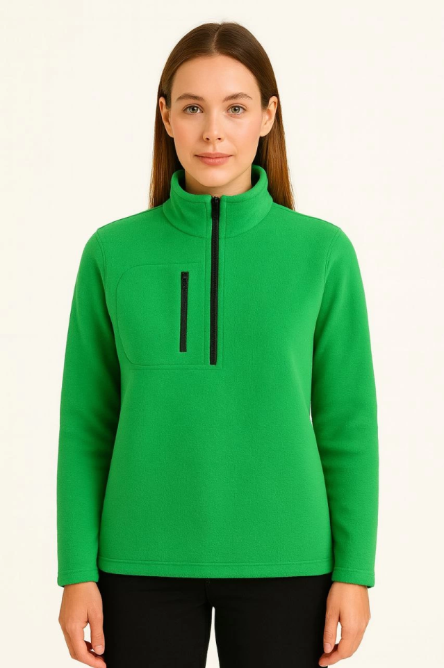 Polar Kazak - Dik Yaka, Yarım Fermuarlı, Fermuarlı Göğüs Cepli, Siyah Biyeli, Kışlık Rahat Regular Fit Günlük Model - Yeşil