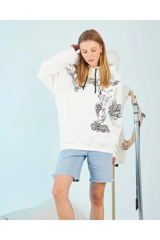 Kapüşonlu Üç İplik Sweatshirt - Beyaz Strong Heykel Baskılı, Rahat Kalıp, Kanguru Cepli Modern Tasarım