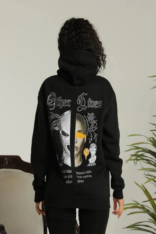 Oversize Üç İplik Kapüşonlu Sweatshirt - Siyah 'Other Lives' Ön Ve Arka Baskılı, Şardonlu Kışlık, Rahat Günlük Model Siiyah