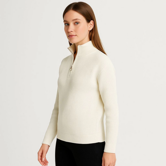 KADIN Yarım Fermuarlı Triko Kazak - Selanik Örgü, Dik Yaka, Pamuklu Dokuma, Oversize Uzun Kollu Kışlık Model - Beyaz