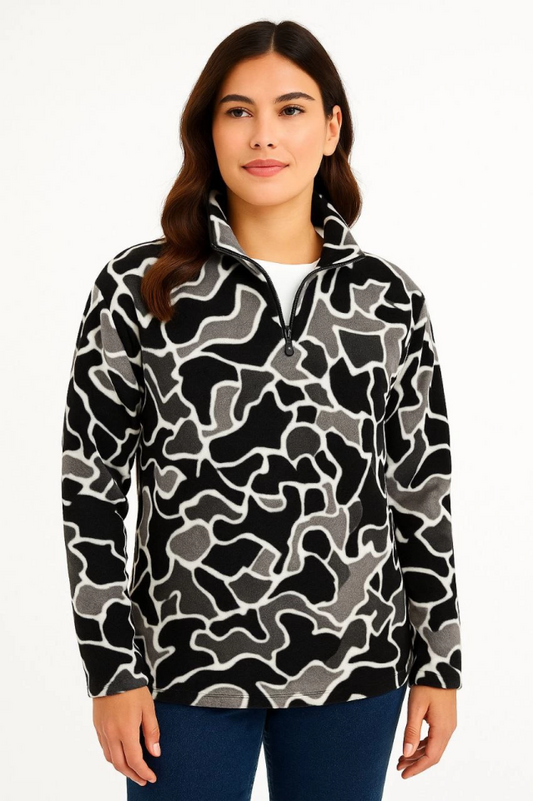 KADIN Yarım Fermuarlı Desenli Polar Sweat Yakalı, Uzun Kollu, Oversize Rahat Kalıp - Siyah