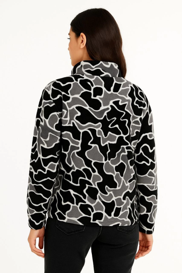 KADIN Yarım Fermuarlı Desenli Polar Sweat Yakalı, Uzun Kollu, Oversize Rahat Kalıp - Siyah